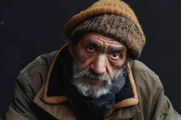 Retrato de un hombre sin hogar triste sobre un fondo negro