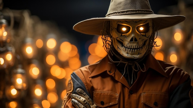 Foto retrato de un hombre con un increíble disfraz de espantapájaros para la noche de halloween