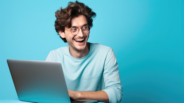 Retrato de un hombre independiente feliz sentado en el escritorio con una computadora portátil sobre fondo azul Joven emprendedor disfrutando del trabajo remoto creado con tecnología Generative Al