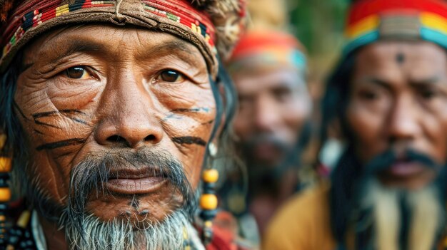 Retrato de un hombre indígena con pintura facial y vestimenta tradicional