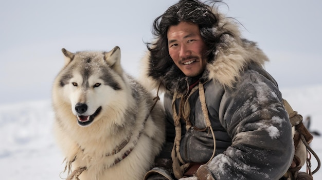 Retrato de un hombre inuit sonriente con su husky cubierto de nieve