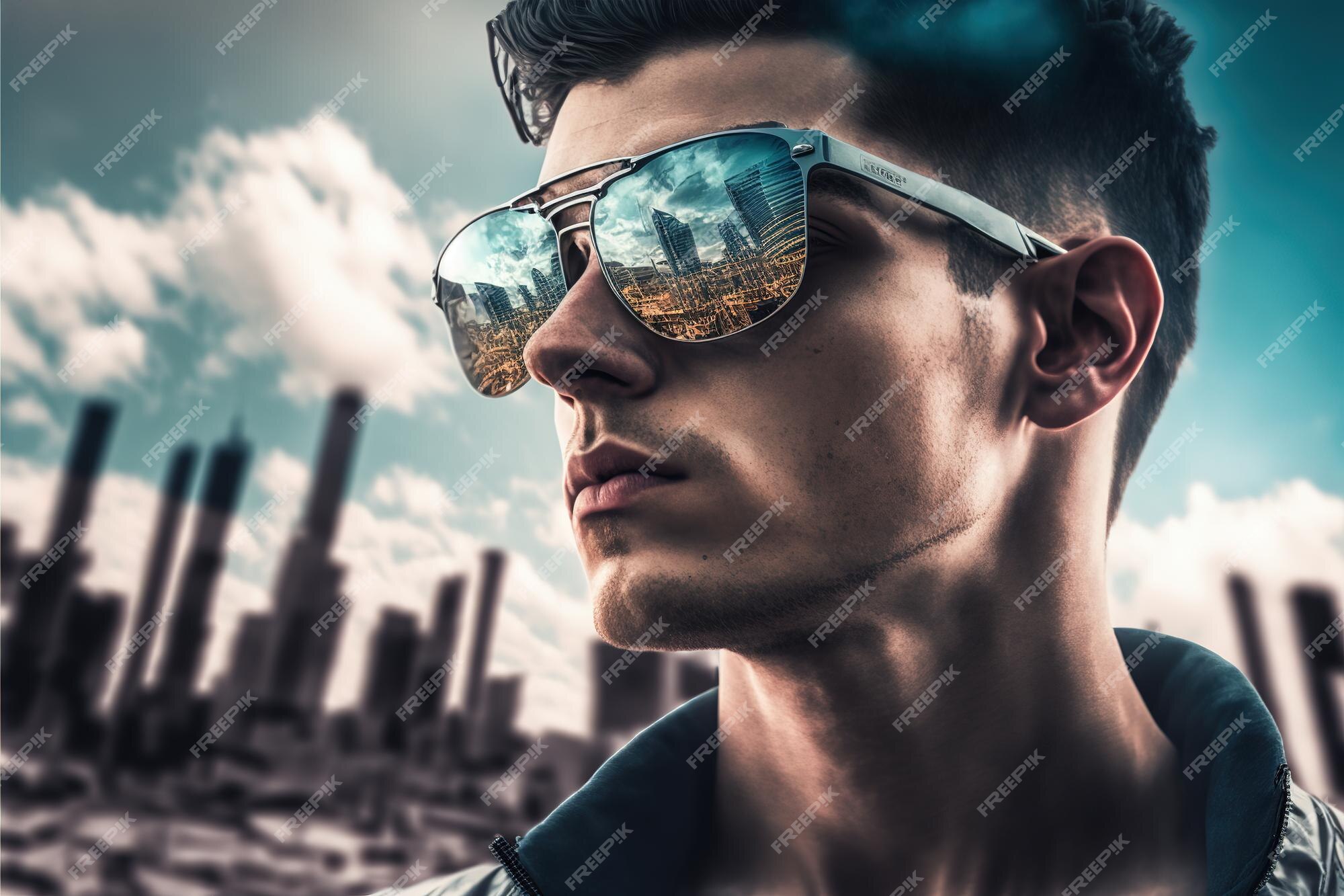 Retrato de hombre joven con gafas de espejo maravilloso reflejo de la ciudad | Foto Premium