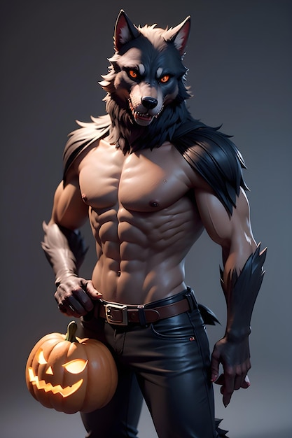 Retrato de un hombre lobo con una calabaza de Halloween