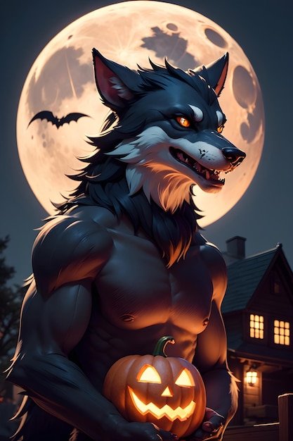 Retrato de un hombre lobo con una calabaza de Halloween