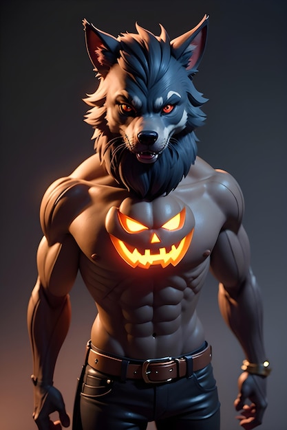 Retrato de un hombre lobo con una calabaza de Halloween