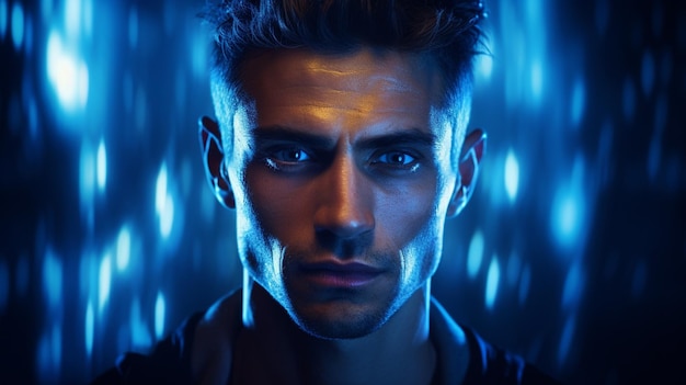 Foto retrato de hombre con luces azules efectos visuales realistas