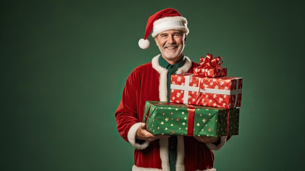 Retrato de un hombre maduro en disfraz de Papá Noel sosteniendo regalos de Navidad de pie mirando a la cámara aislada sobre un fondo verde IA generativa.