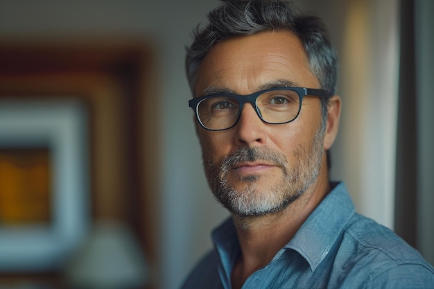 Retrato de un hombre maduro y guapo con gafas mirando a la cámara