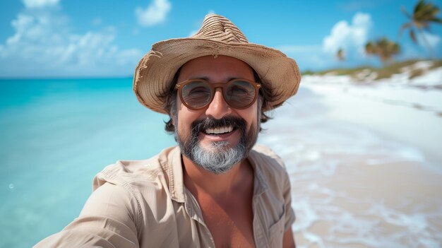 Retrato de un hombre maduro y guapo con gafas de sol y tomando una selfie en la playa cerca del océano