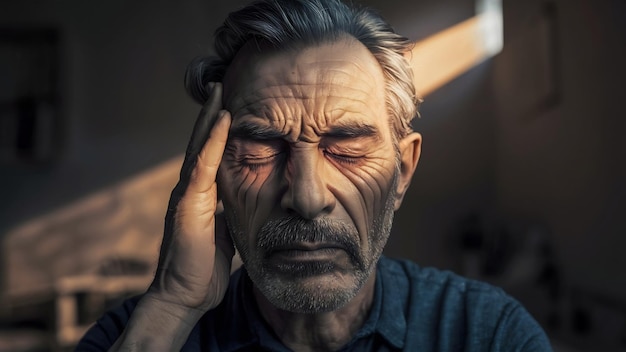 Retrato de un hombre maduro que sufre de dolor de cabeza