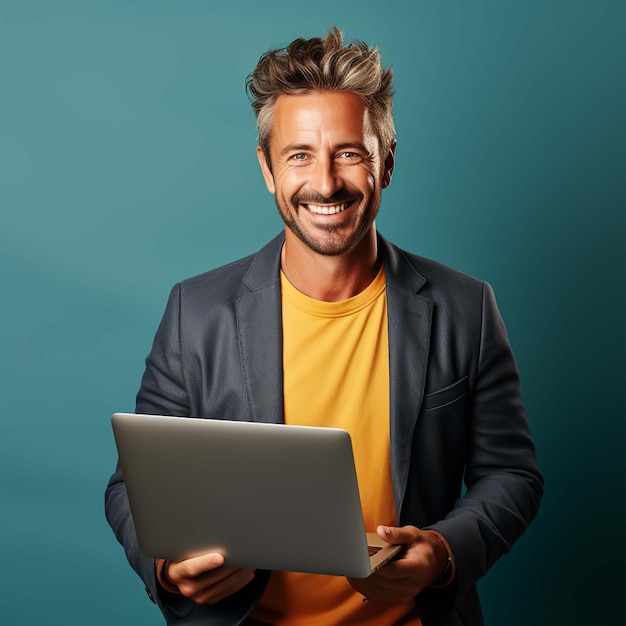 Retrato de un hombre maduro sonriente usando laptop