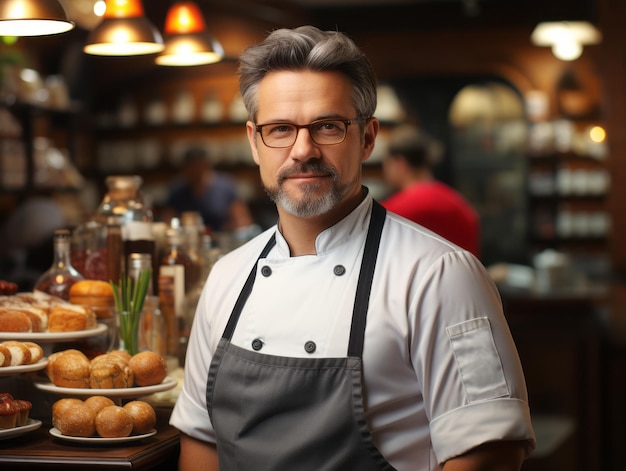 Retrato de un hombre maduro trabajando en una cafetería con un fondo borroso IA generativa