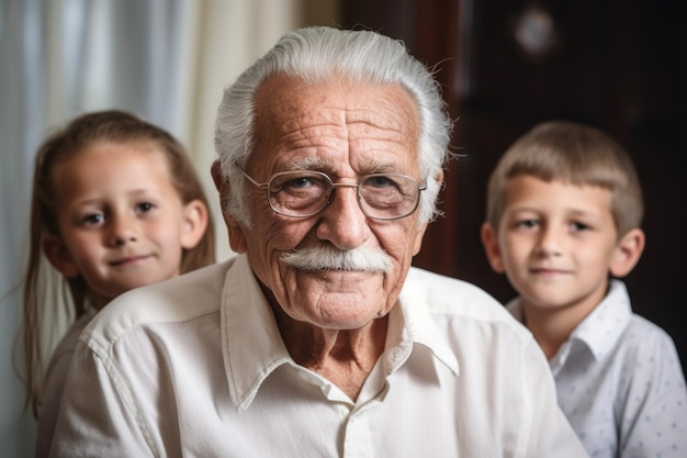 Retrato de un hombre maduro visitando a su hija y nietos en casa creado con IA generativa