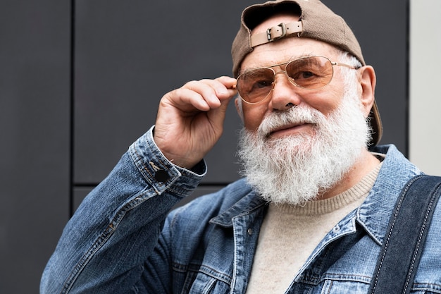 Foto retrato de hombre mayor al aire libre en la ciudad