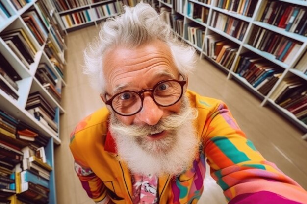 Retrato de un hombre mayor alegre y feliz con ropa de colores y gafas en la biblioteca