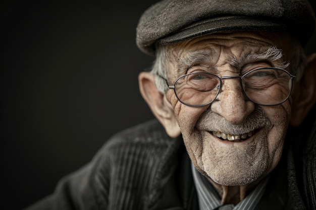 Retrato de un hombre mayor alegre con gafas y una gorra plana que muestra una cálida sonrisa genuina en un fondo borroso