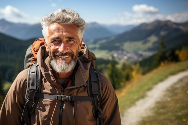 retrato de un hombre mayor alegre con una mochila caminando por las montañas