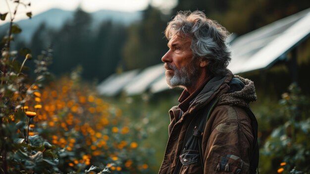 Foto retrato de un hombre mayor con cabello gris y barba en las montañas contra paneles solares