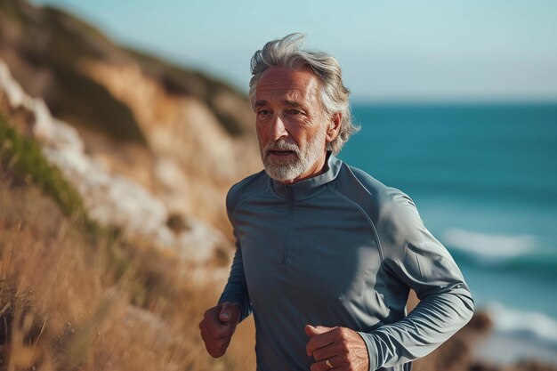 Retrato de un hombre mayor corriendo en la playa