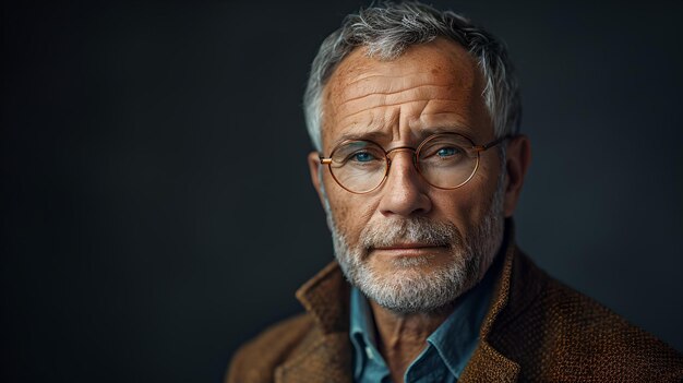 Foto retrato de un hombre mayor con una expresión reflexiva y gafas contemplativo anciano caballero ia