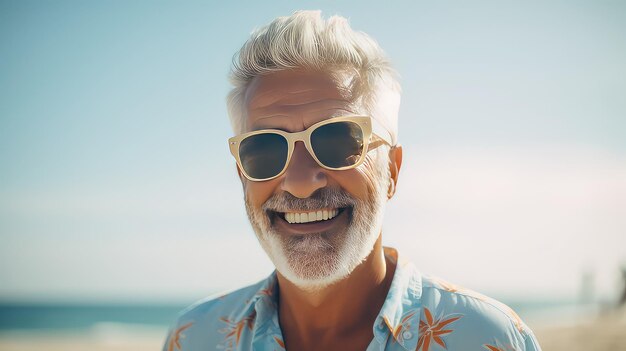 Retrato de un hombre mayor feliz con gafas de sol en la playa al amanecer