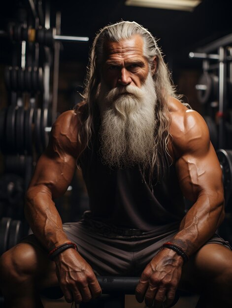 Foto retrato de un hombre mayor con larga barba blanca haciendo ejercicio en un gimnasio generado por ia