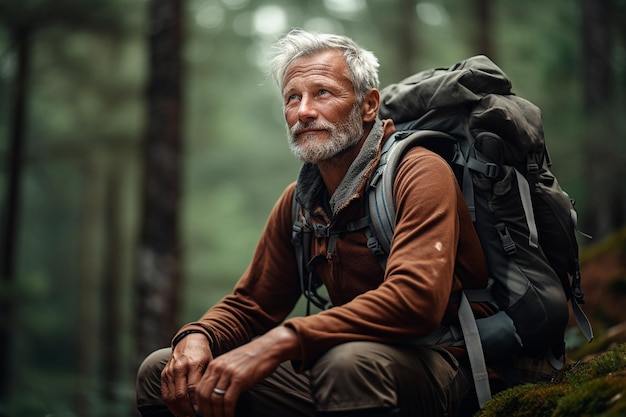 Retrato de un hombre mayor con mochila encontrando serenidad junto a la carretera generativa por Ai