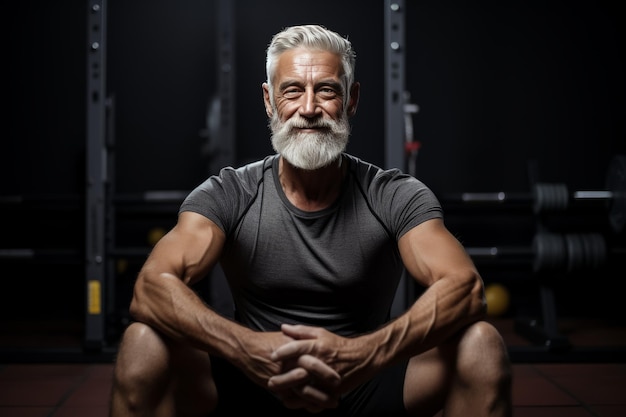 retrato de un hombre mayor musculoso sonriente en el gimnasio mientras mira a la cámara Estilo de vida saludable