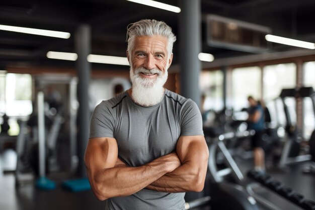 Foto retrato de un hombre mayor musculoso sonriente en el gimnasio mientras mira a la cámara estilo de vida saludable