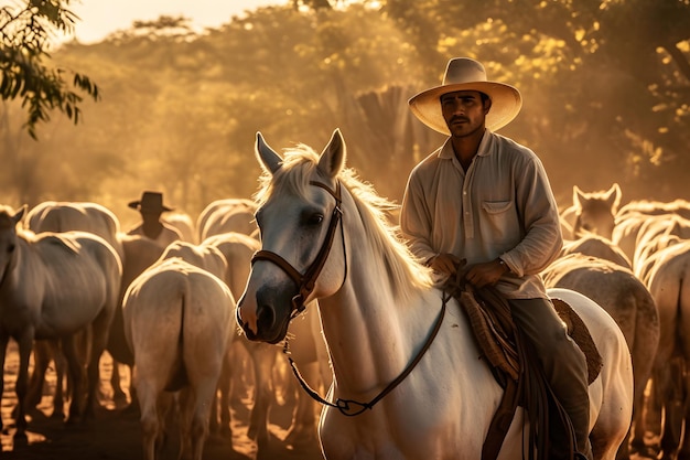 Retrato de un hombre mayor con sombrero de vaquero montando a caballo en un sendero de montaña Red neuronal generada por IA