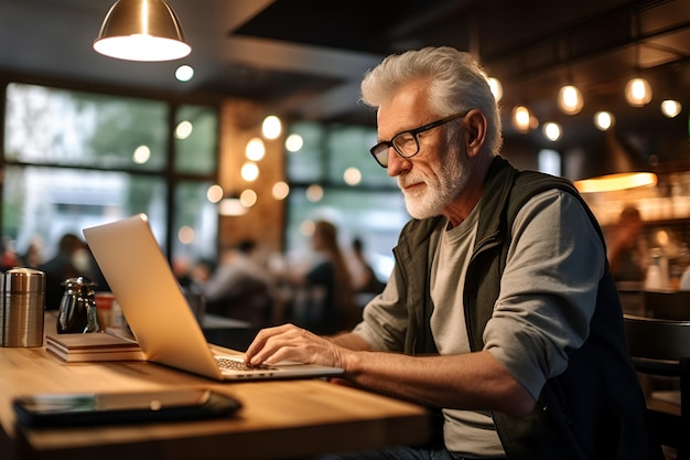 Retrato de un hombre mayor trabajando en una computadora portátil en la cafetería