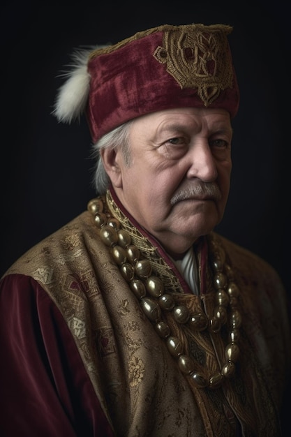 Retrato de un hombre mayor con trajes históricos creados con IA generativa