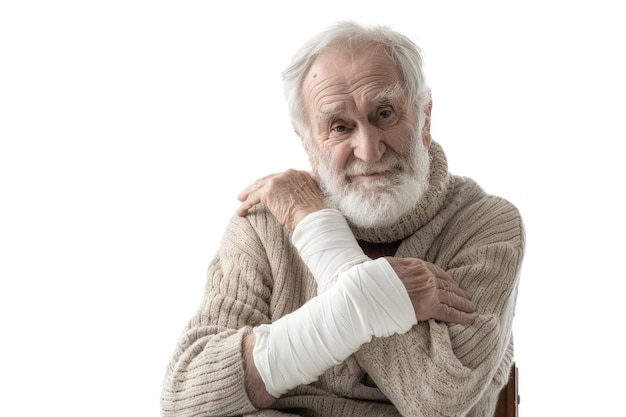 Foto retrato de un hombre mayor con un vendaje blanco en la mano aislado sobre un fondo blanco sólido