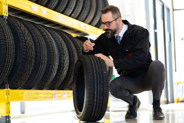 Retrato de hombre mecánico con neumáticos de coche en la estación de servicio. Mecánico masculino sosteniendo el neumático de automóvil en la tienda de la tienda de automóviles