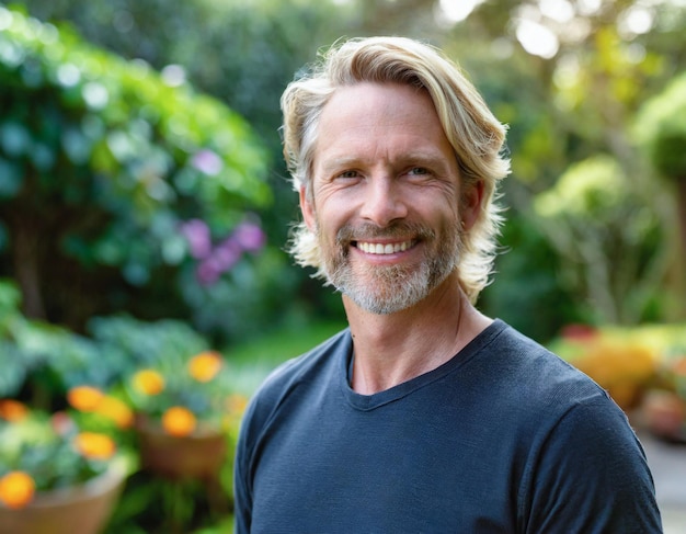 retrato de hombre de mediana edad barba guapo con fondo de jardín