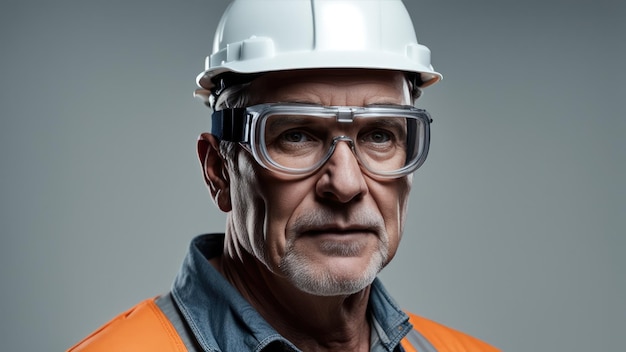 Retrato de un hombre de mediana edad con casco de construcción y gafas de seguridad en fondo gris
