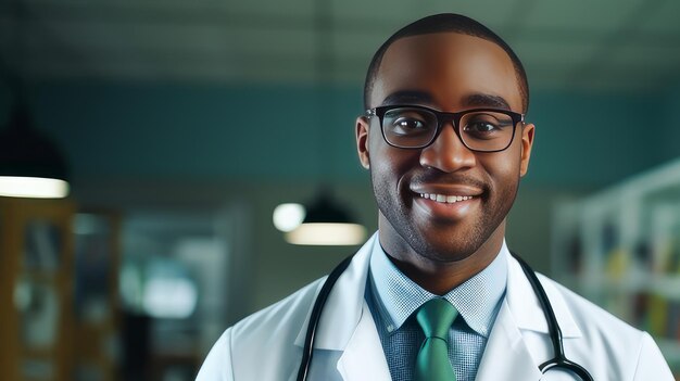 Retrato de un hombre médico afroamericano de piel oscura sonriente con un estetoscopio en un hospital médico