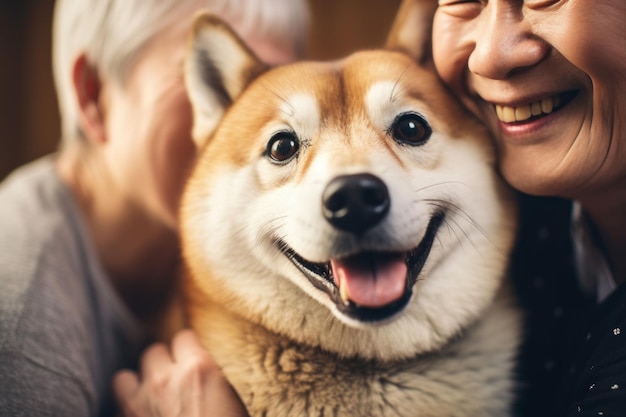 retrato de un hombre y una mujer abrazados lindo concepto de mascota de perro Shiba Inu