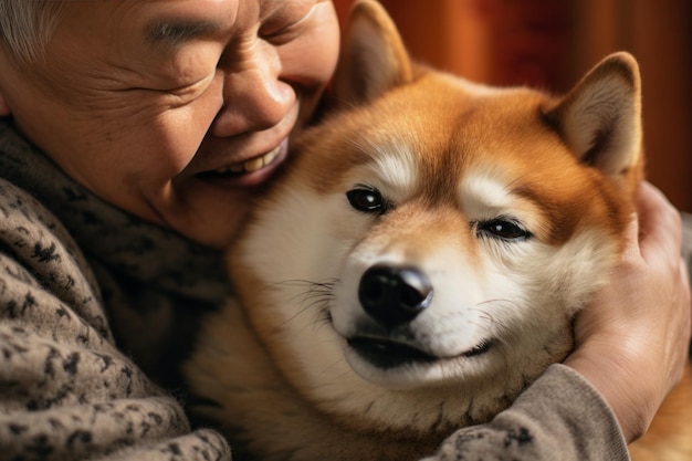 retrato de un hombre y una mujer abrazados lindo concepto de mascota de perro Shiba Inu