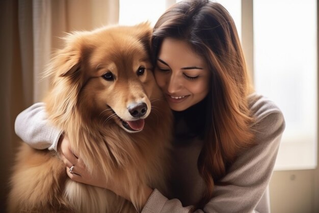 retrato de un hombre y una mujer abrazando un perro lindo concepto de mascota