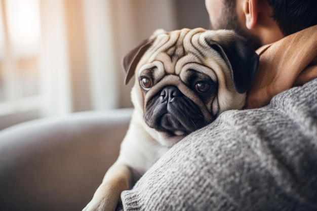 retrato de un hombre y una mujer abrazándose concepto de mascota de perro pug lindo