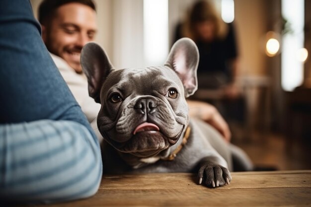 retrato de un hombre y una mujer abrazándose un lindo bulldog francés concepto de mascota