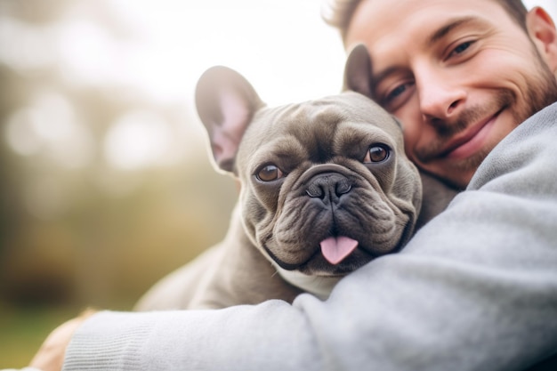 retrato de un hombre y una mujer abrazándose un lindo bulldog francés concepto de mascota