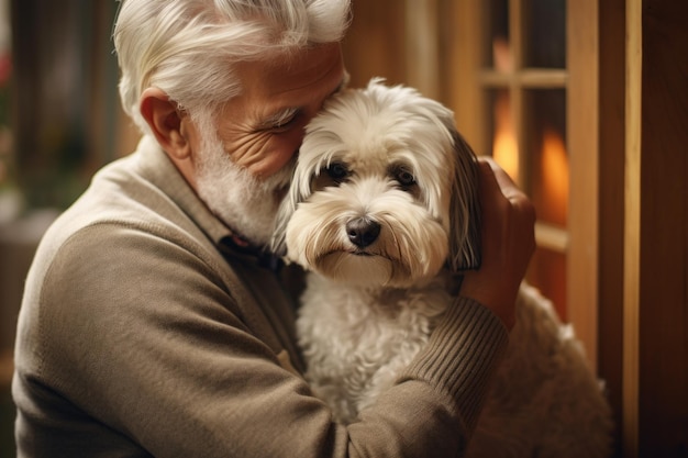 retrato de un hombre y una mujer abrazándose un lindo concepto de mascota de perro shih tzu