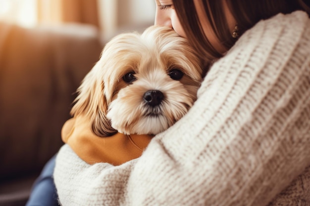 retrato de un hombre y una mujer abrazándose un lindo concepto de mascota de perro shih tzu