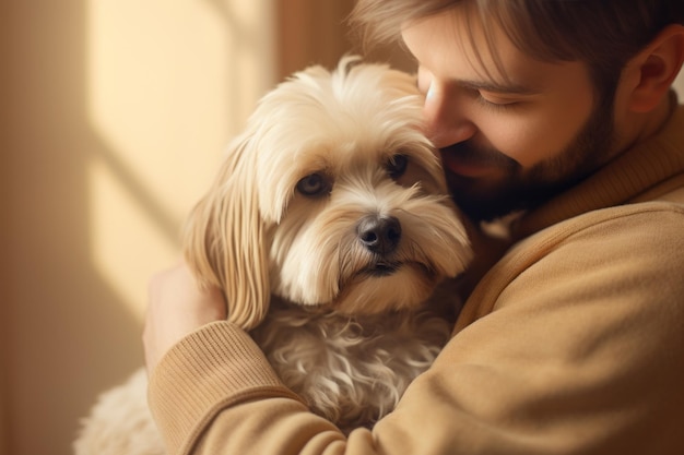 retrato de un hombre y una mujer abrazándose un lindo concepto de mascota de perro shih tzu