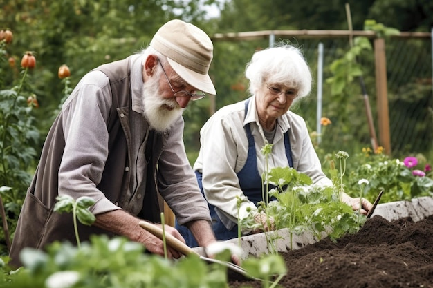 Retrato de un hombre y una mujer mayores que trabajan en su jardín creado con IA generativa