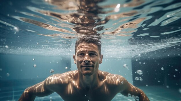 Foto retrato de un hombre nadando en una piscina