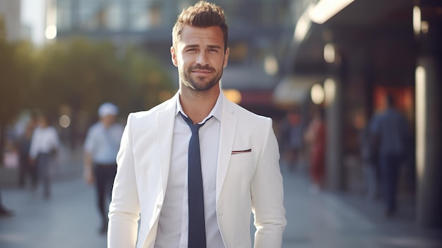 Retrato de un hombre de negocios americano vestido de color crema claro, un hombre confiado al aire libre con un personal borroso caminando de fondo