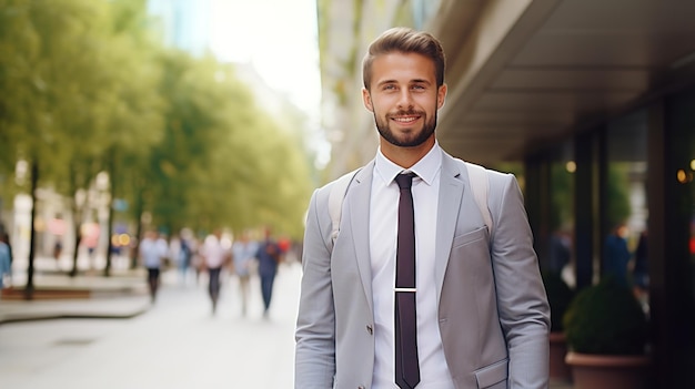 Retrato de un hombre de negocios americano vestido de color crema claro, un hombre confiado al aire libre con un personal borroso caminando de fondo